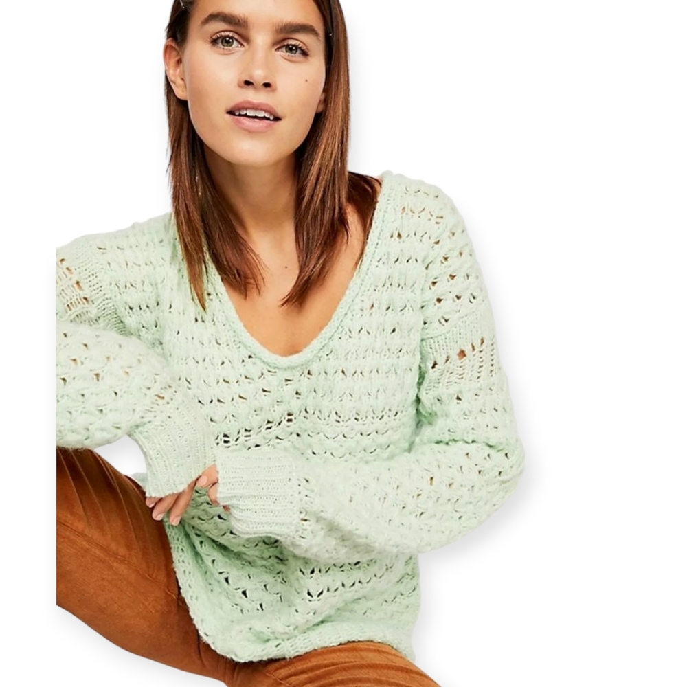 Free People Crashing Waves Pullover Open-Knit Sweater Sea Mint Size XS Cottageco